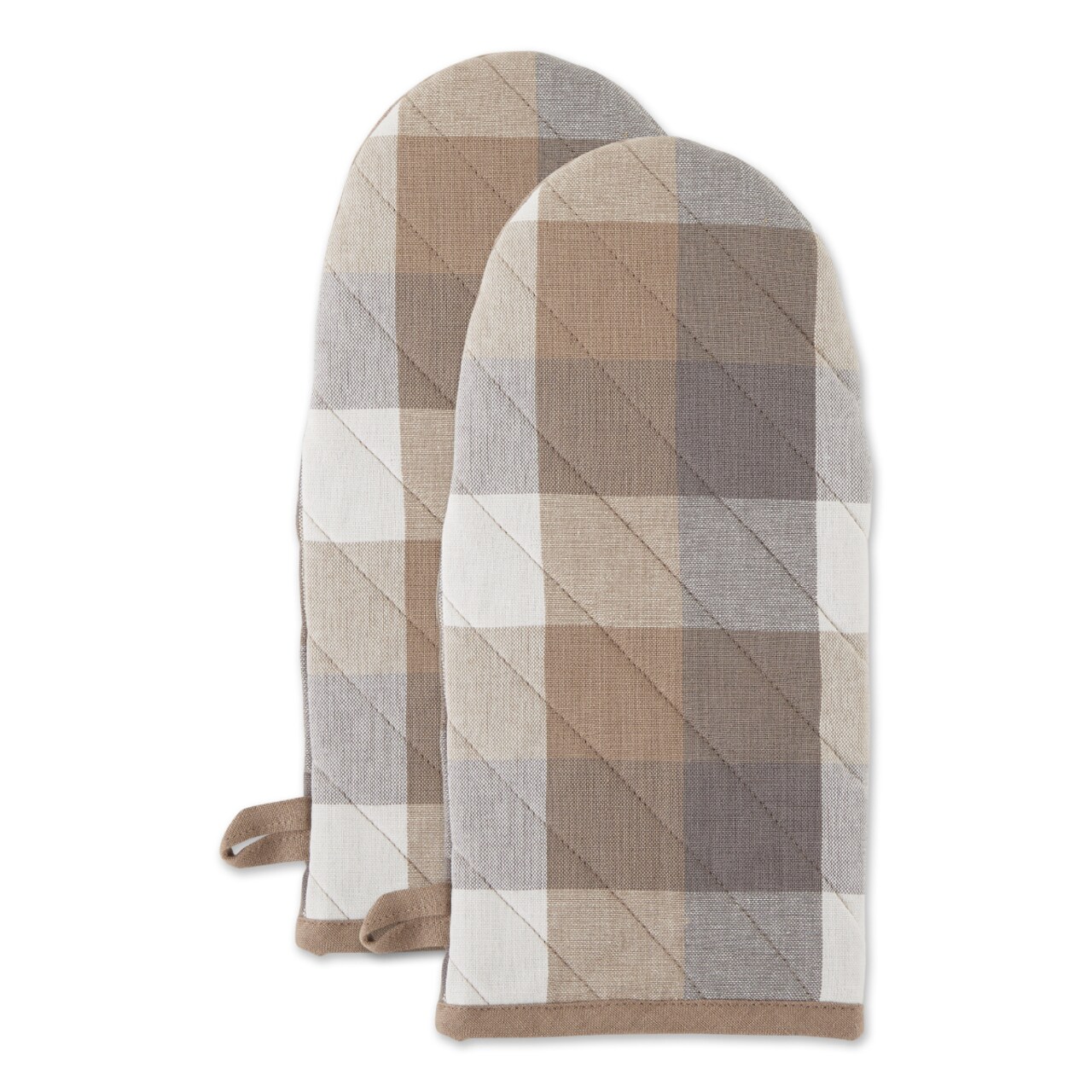 Contemporary Home Living Set of 2 Brown and White Checkered Oven Mitts 13&#x22;